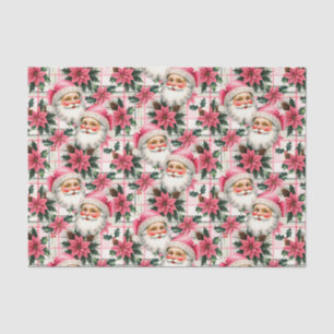 Papel De Seda Xadrez Floral de Natal do Pai Natal cor-de-rosa