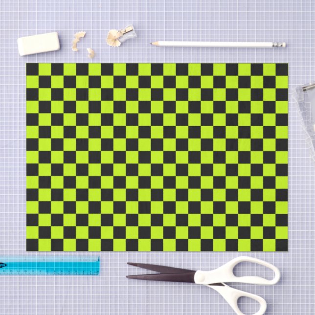 Papel De Seda xadrez preto e verde ácido (Arte )