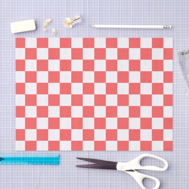 Papel De Seda Xadrez vermelho coral clássico (Arte )