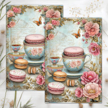 XÍCARA DE CHÁ VINTAGE E MACARONS DÉCOUPAGE