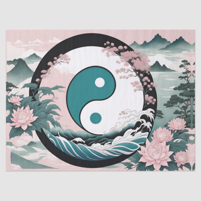 Papel De Seda Yin Yang, Floral Mountain Pink Sage Teal (Frente )