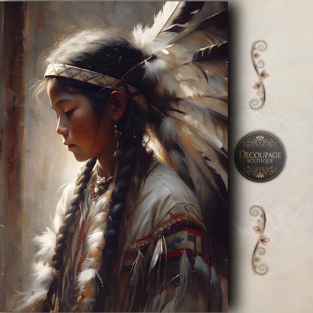 Papel De Seda Young Native Girl Feather Headdress Decoupage (Young Native Girl Feather Headdress Decoupage Tissue Paper)