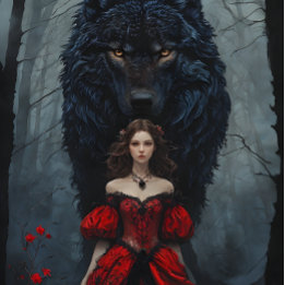 Papel De Seda Young Woman In Red Gown With Black Wolf Guardian
