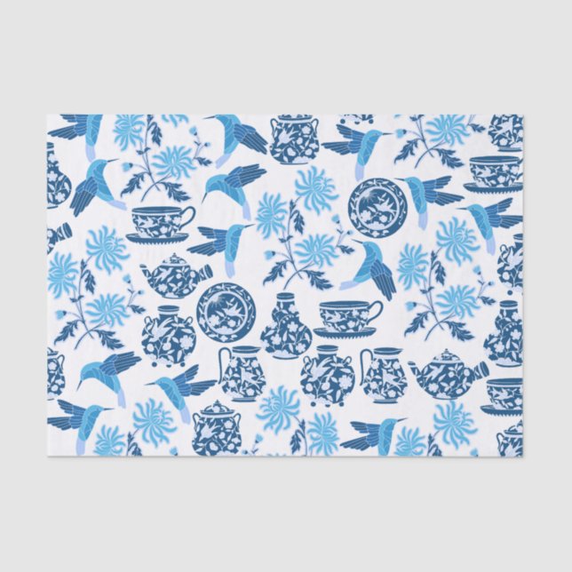 Papel de Tecido Azul Hummingbird e Flores (Frente )
