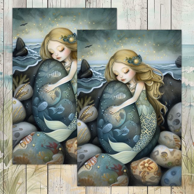 PAPEL DE TECIDO DE MADEIRA DE MADEIRA SONHADA (SLEEPY MERMAID GIRL DECOUPAGE TISSUE PAPER)