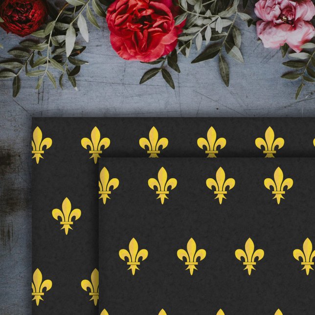 Papel de tecido preto com flor de ouro de Lis (Gold Fleur de Lis Black Tissue Paper)