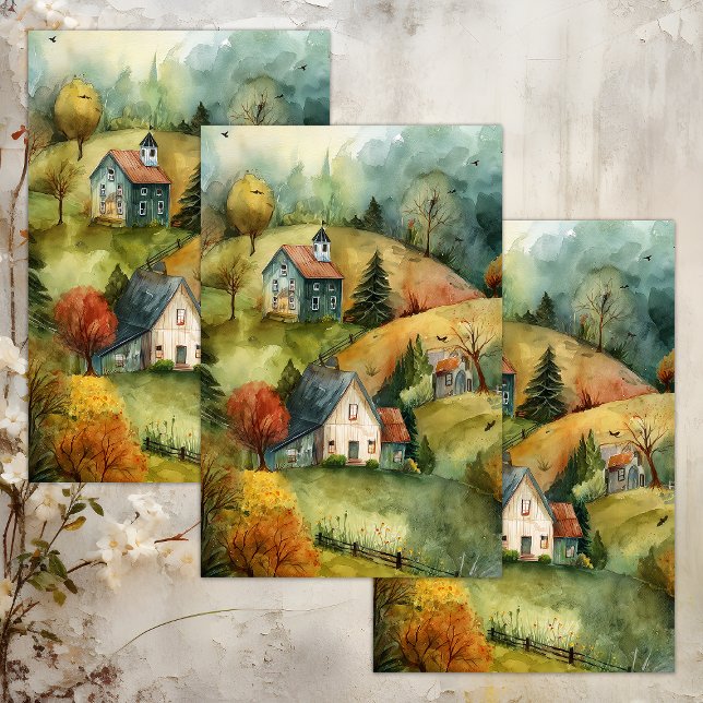 PAPEL DO TECIDO DE DESCOLAGEM AUTOMÁTICA DA FAZEND (WATERCOLOR AUTUMN FARM DECOUPAGE TISSUE PAPER)
