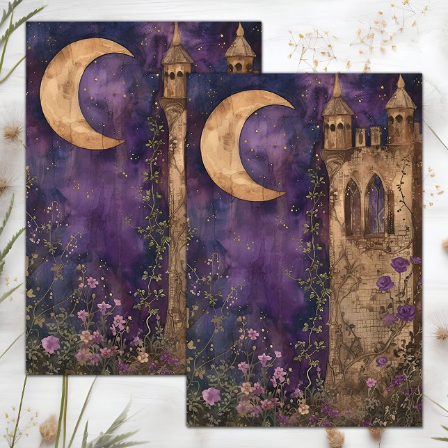 PAPEL DOS TECIDOS DE DECOPAGAÇÃO DE LUA E CASTELO (MOON AND CASTLE DECOUPAGE TISSUE PAPER)