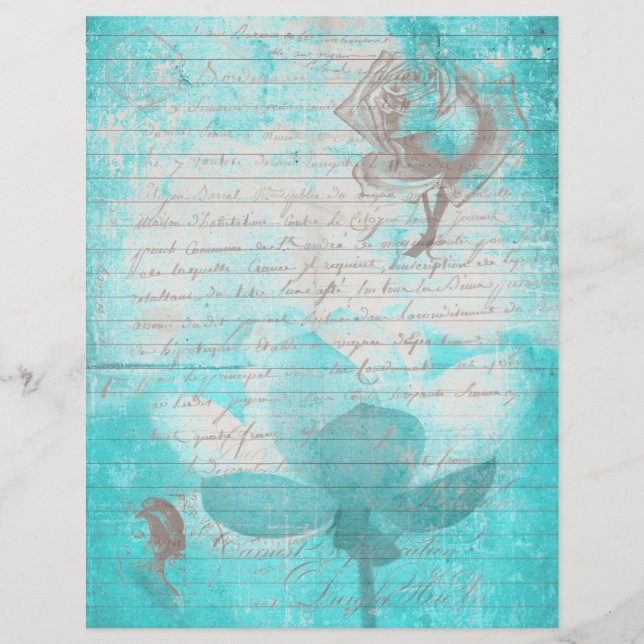 Papel e flores azul menta velho escrito à mão (Frente)