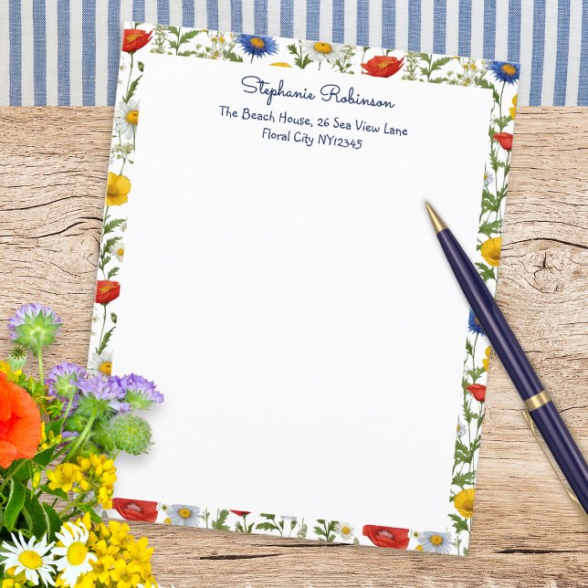 Papel Floral Colorido de Flores Silvestres (Beautiful writing paper, personalized with name and address, with a colorful border of wildflowers)
