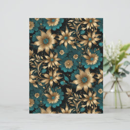 Papel Floral com Efeito Metálico em Azul Teal Escu
