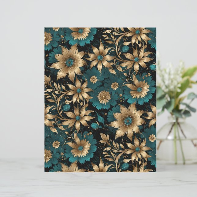 Papel Floral com Efeito Metálico em Azul Teal Escu (Em pé/Frente)