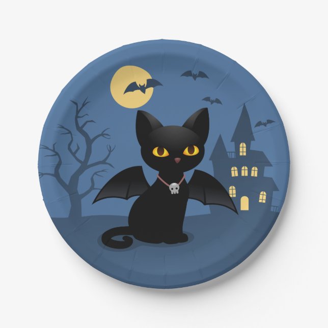 Papel Gato Preto de Halloween Vampiro com Asas Prato de  (Frente)
