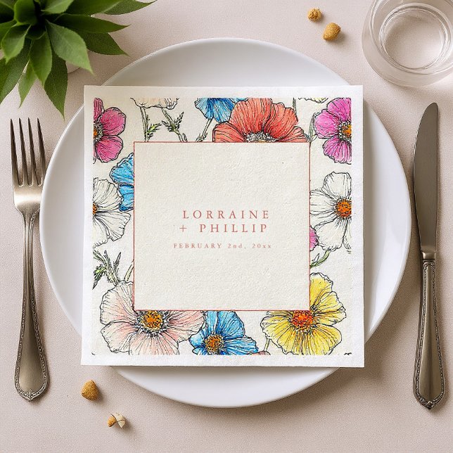 Papel Grande guardanapo de casamento de flores silvestre (Large bright wild flowers wedding napkin.)