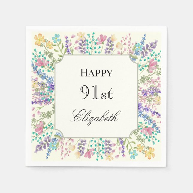 Papel Guardanapo de aniversário de 91 anos com flores co (Frente)