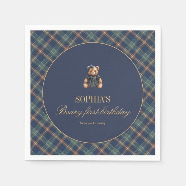 Papel Guardanapo de aniversário de menina com urso de pe (Frente)