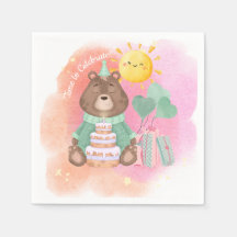 Guardanapo de aniversário de urso em aquarela past