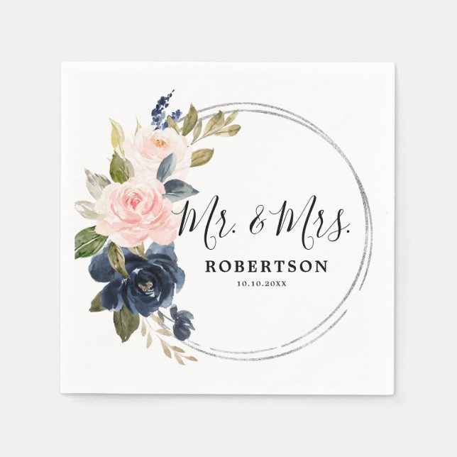 Papel Guardanapo de Casamento Azul Naval Rosa Empoeirado (Frente)