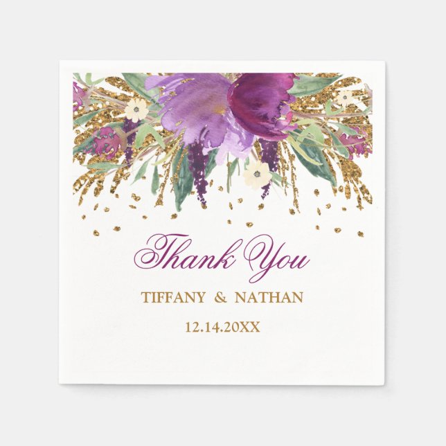 Papel Guardanapo de casamento com brilho floral roxo ame (Frente)