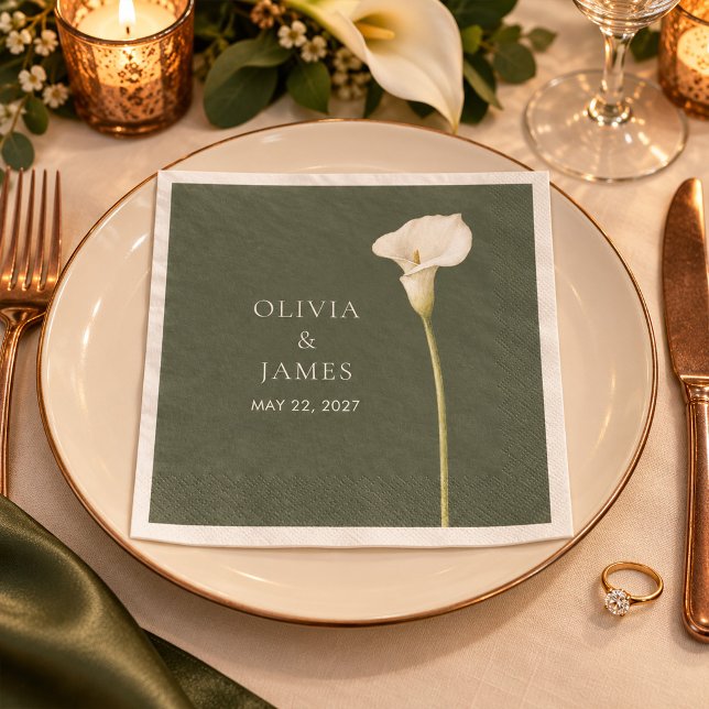Papel Guardanapo de casamento com Copo-de-leite em verde (Olive Green Calla Lily Wedding Napkin)