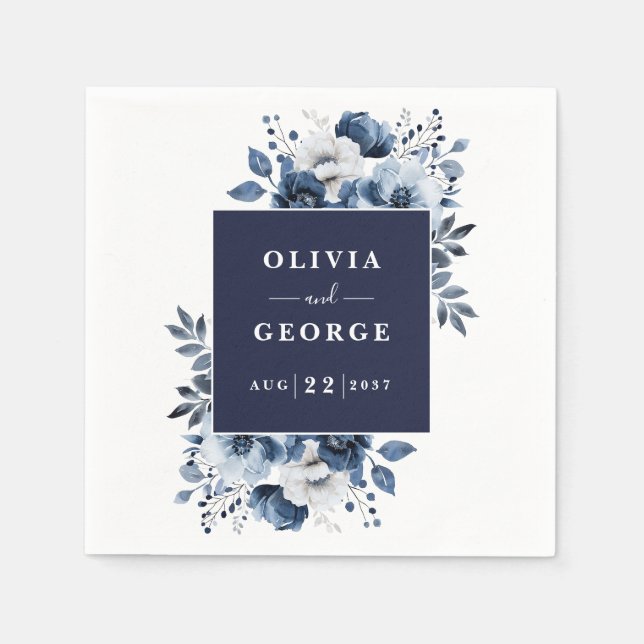 Papel Guardanapo de casamento floral elegante azul marin (Frente)