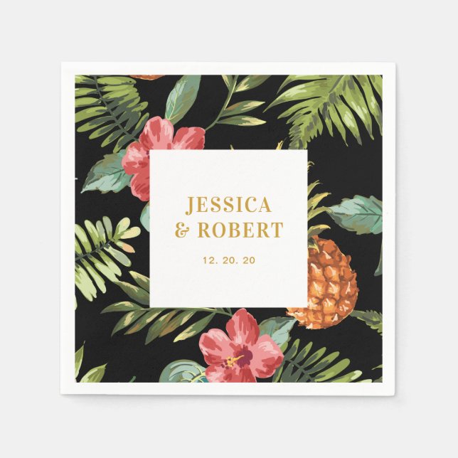 Papel Guardanapo de Casamento Tropical de Verão Preto e  (Frente)