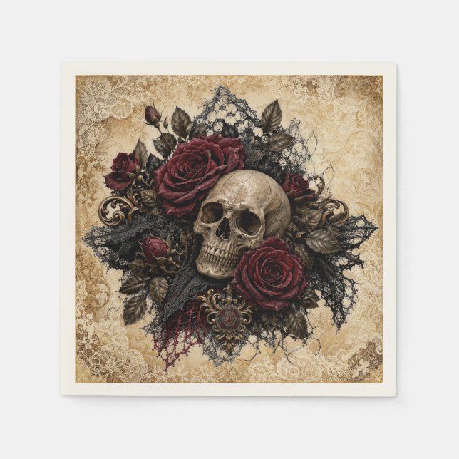 Papel Guardanapo de Cocktail Caveira Gótica e Rosas de H (Frente)