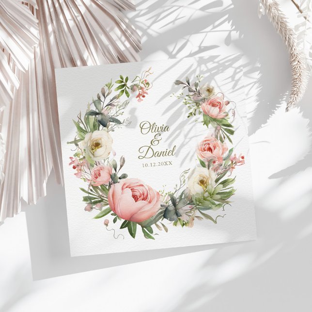 Papel Guardanapo de Noiva Blush & Peach Peony (Blush & Peach Peony Wedding Napkin on a sunny white table with botanical decor)