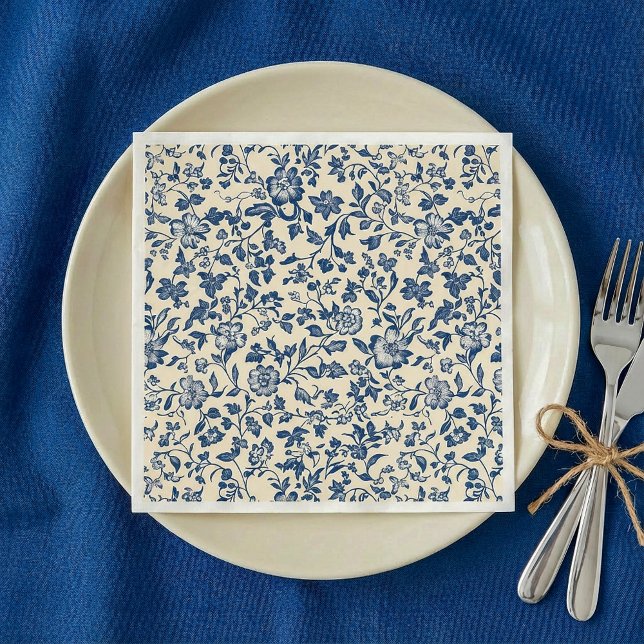 Papel Guardanapo Floral Azul e Creme à Antiga Maneira de (Old-Style Delftware Blue and creame Floral Napkin.)