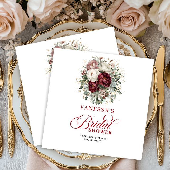 Papel Guardanapo Floral Dourado Bordô de Designer para C (Designer Burgundy Floral Gold Bridal Shower Napkins)