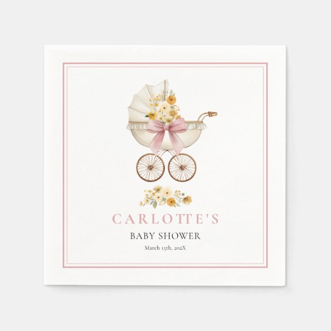 Papel Guardanapo para Chá de Bebê Carruagem Rosa (Frente)
