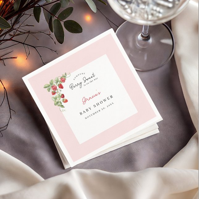 Papel Guardanapo para Chá de Bebê Morangos em Aquarela (Berry Sweet Strawberry Baby Shower Napkin)