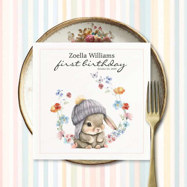 Papel Guardanapo para Festa de 1º Aniversário do Wildflo (Wildflower Sweet Bunny 1st Birthday Party Napkin 2)