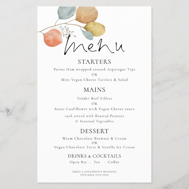 PAPEL | Menu de Casamento de Folhagem Moderna em A (Frente)