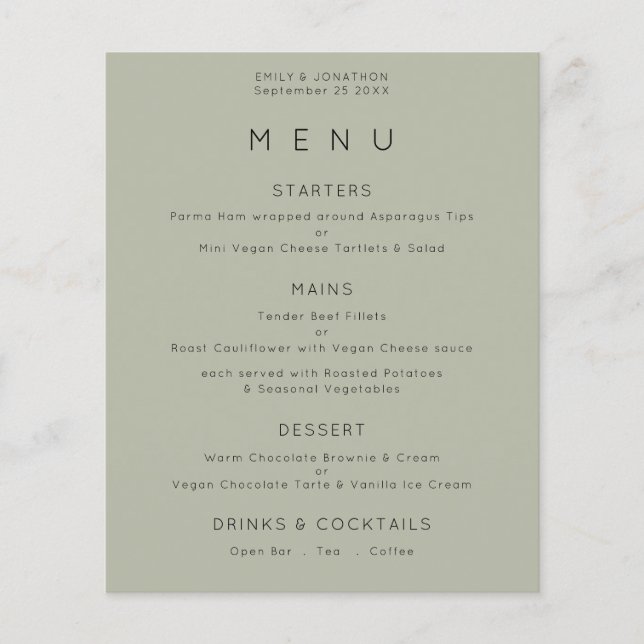 PAPEL | Menu de Casamento Verde Simples Pale Sage (Frente)