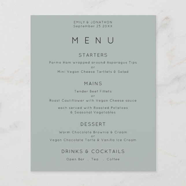 PAPEL | Menu de Casamento Verde Simples Silvery Sa (Frente)