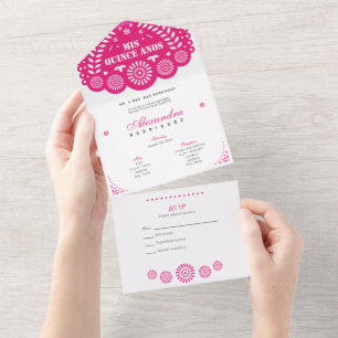 Papel Picado Mis Quince Años de Rosa Quente