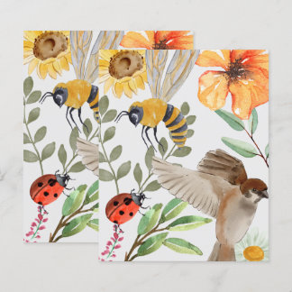 Papel Plano de Aguarela Abelha, Pardal e Flor Silv