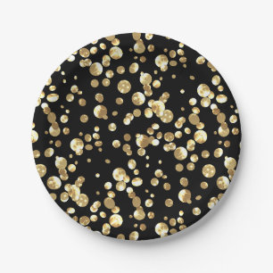 Papel Pontos polka dourados em um fundo preto . prato de