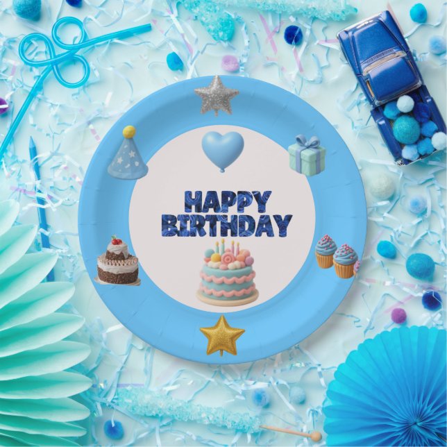 Papel Prato de Aniversário Azul Personalizável (Festa)