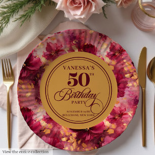 Papel Prato de Aniversário de 50 anos Luxo Boho Marsala 
