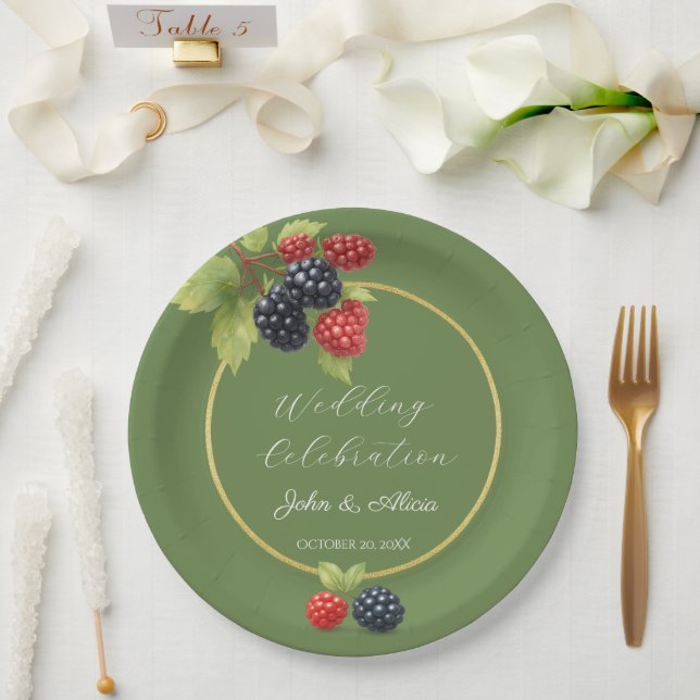 Papel Prato de casamento dourado com baga verde rústico  (Casamento)
