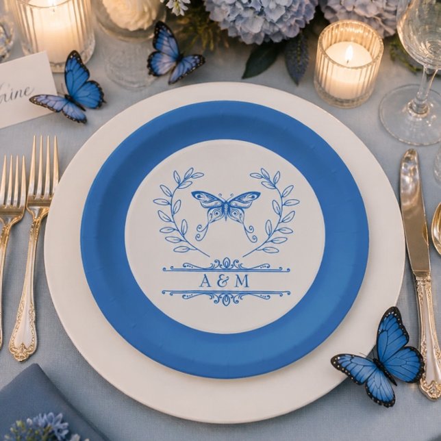 Papel Prato de Casamento Monogramado Borboleta Azul (Criador carregado)