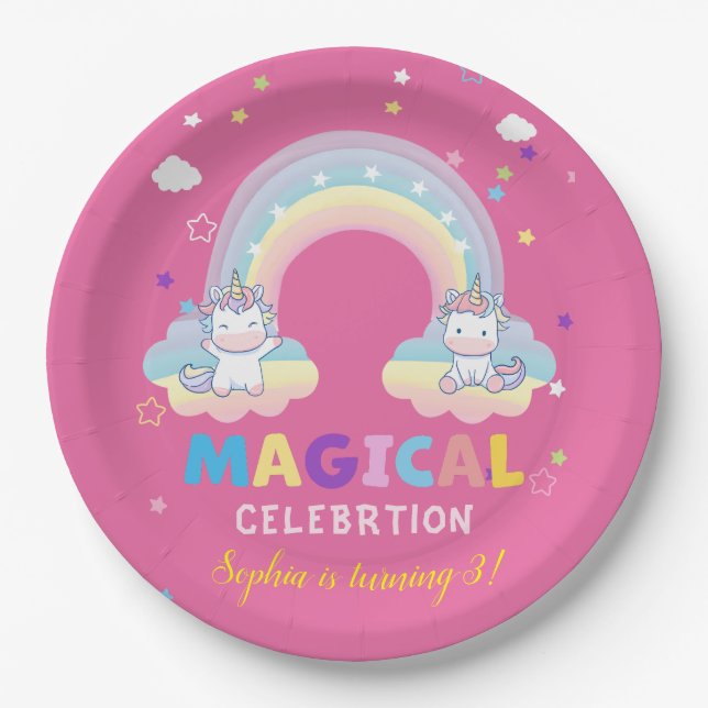 Papel Prato de Celebração Mágica Arco-íris (Frente)