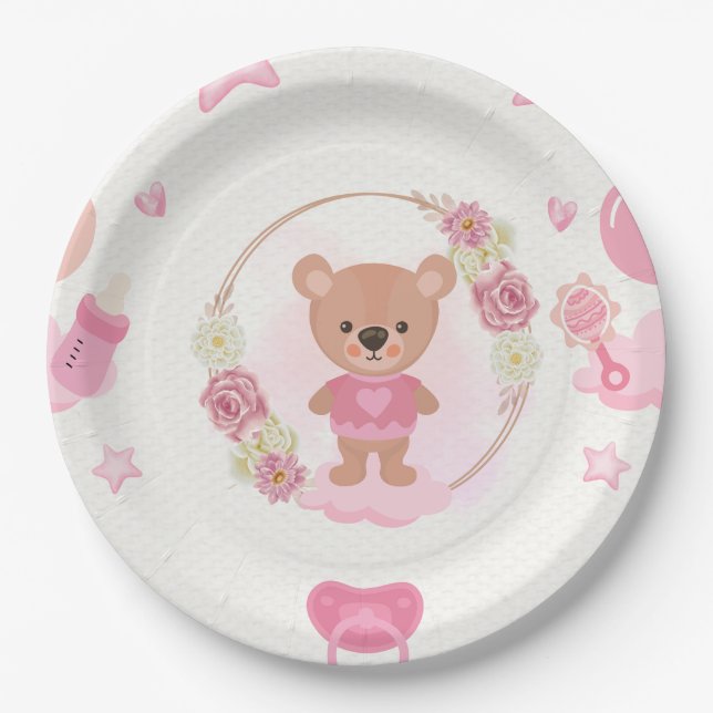Papel Prato de Chá de Bebê Urso Teddy Rosa (Frente)