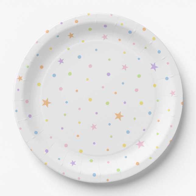 Papel Prato de festa branco de aniversário com confetes  (Frente)