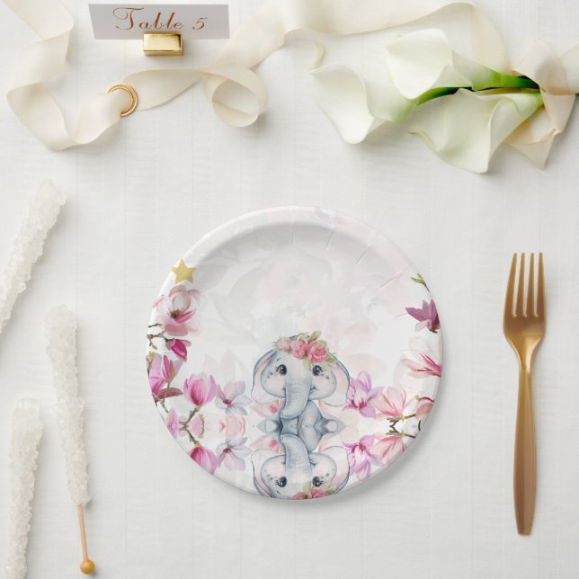 Papel Prato de Festa Chá de Bebê com Elefante Floral (Casamento)