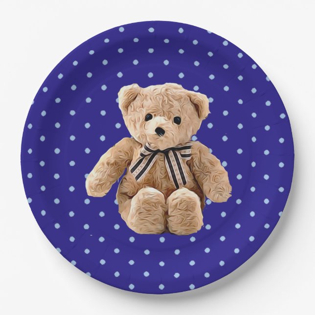 Papel Prato de festa com bolinhas azul e bege Teddy Bear (Frente)