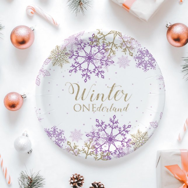 Papel Prato de Floco de Neve Roxo e Dourado Winter Onede (Criador carregado)
