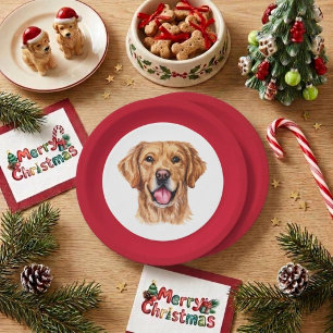 Papel Prato de Natal de Cachorro Dourado Retriever Fofo